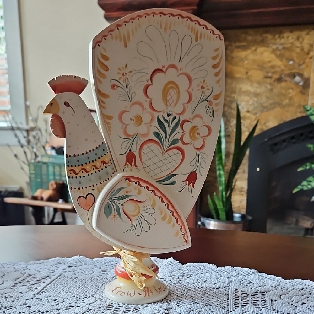 VTG Scandinavian Style Wooden Rooster Hand Painted Folk Art Signed Julie '95